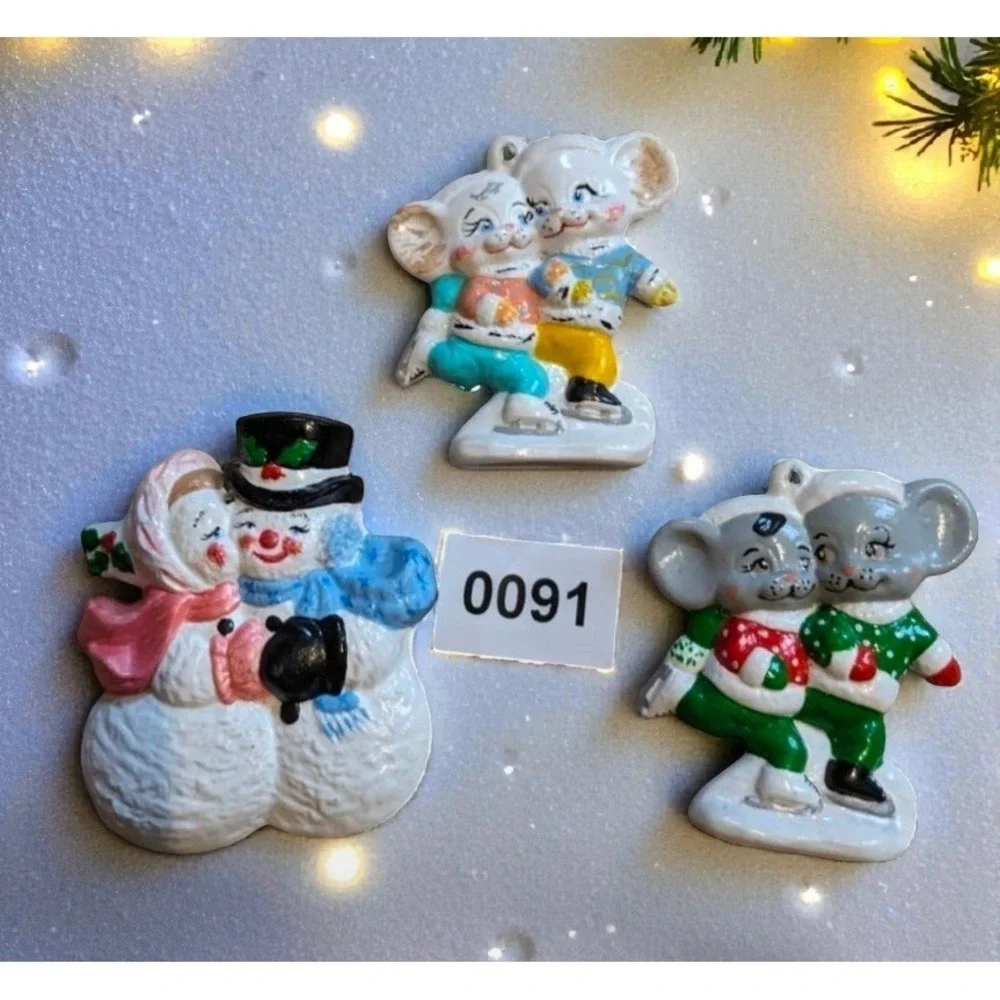 Christmas Ceramic Ornaments Mice‎ Snowman Snowlady lot of three 091